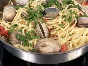 Linguini and Clams in a large pan