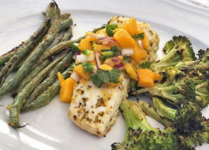 Roasted Halibut and Vegetables with Mango Salsa
