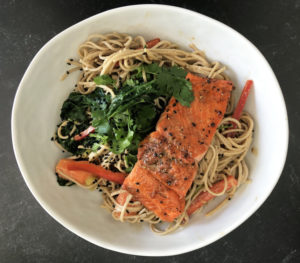 Soba Noodles with Tahini topped with Salmon