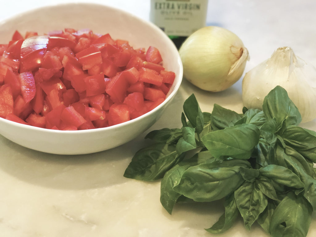 Tomato Sauce ingredients: chopped Roma tomatoes, Basil, onion, garlic, olive oil 