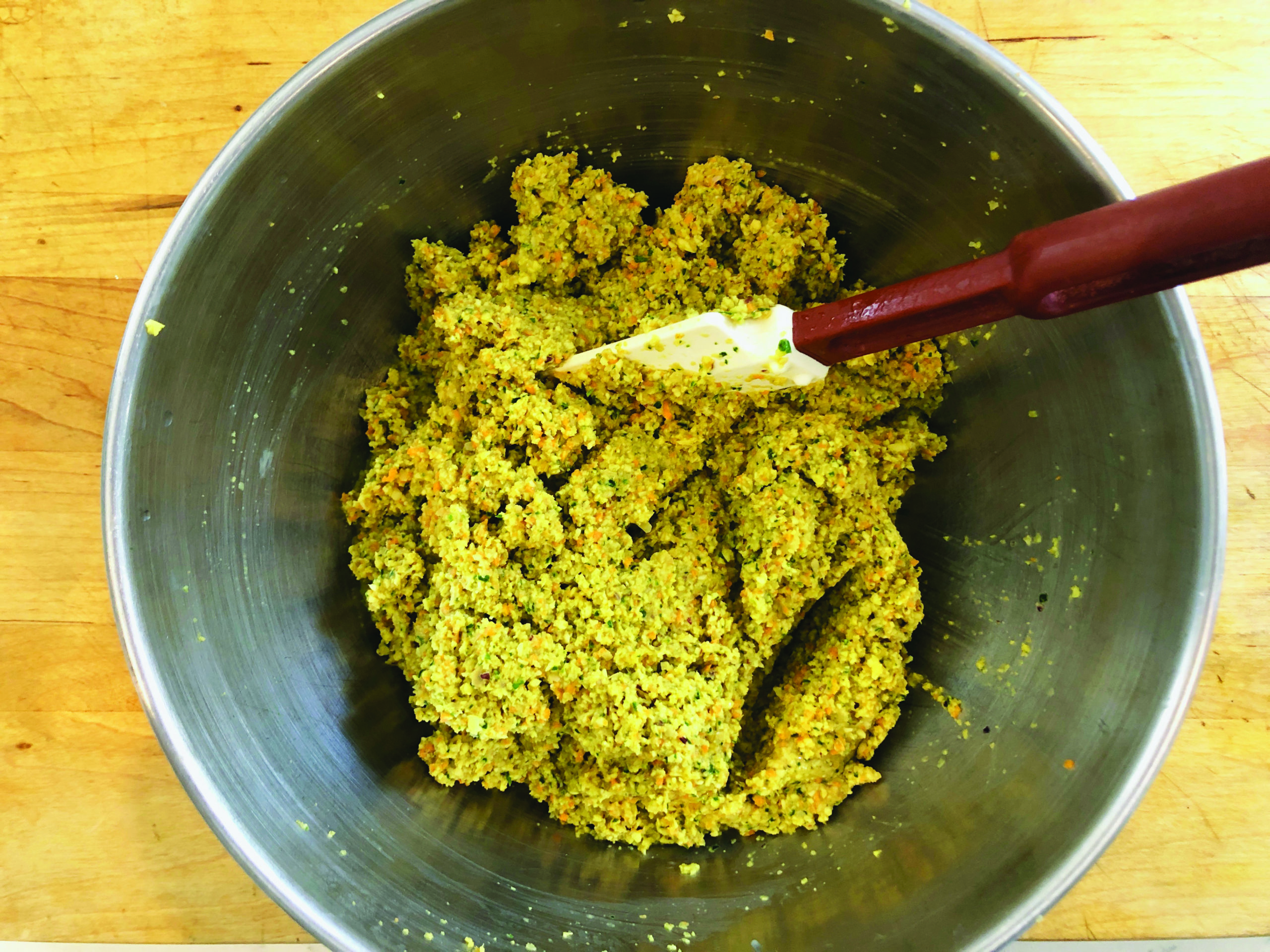 Falafel mixture in mixing bowl