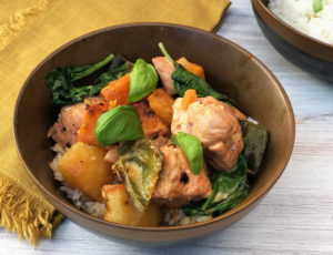 Thai Salmon Stew with Smoky Roasted Vegetables