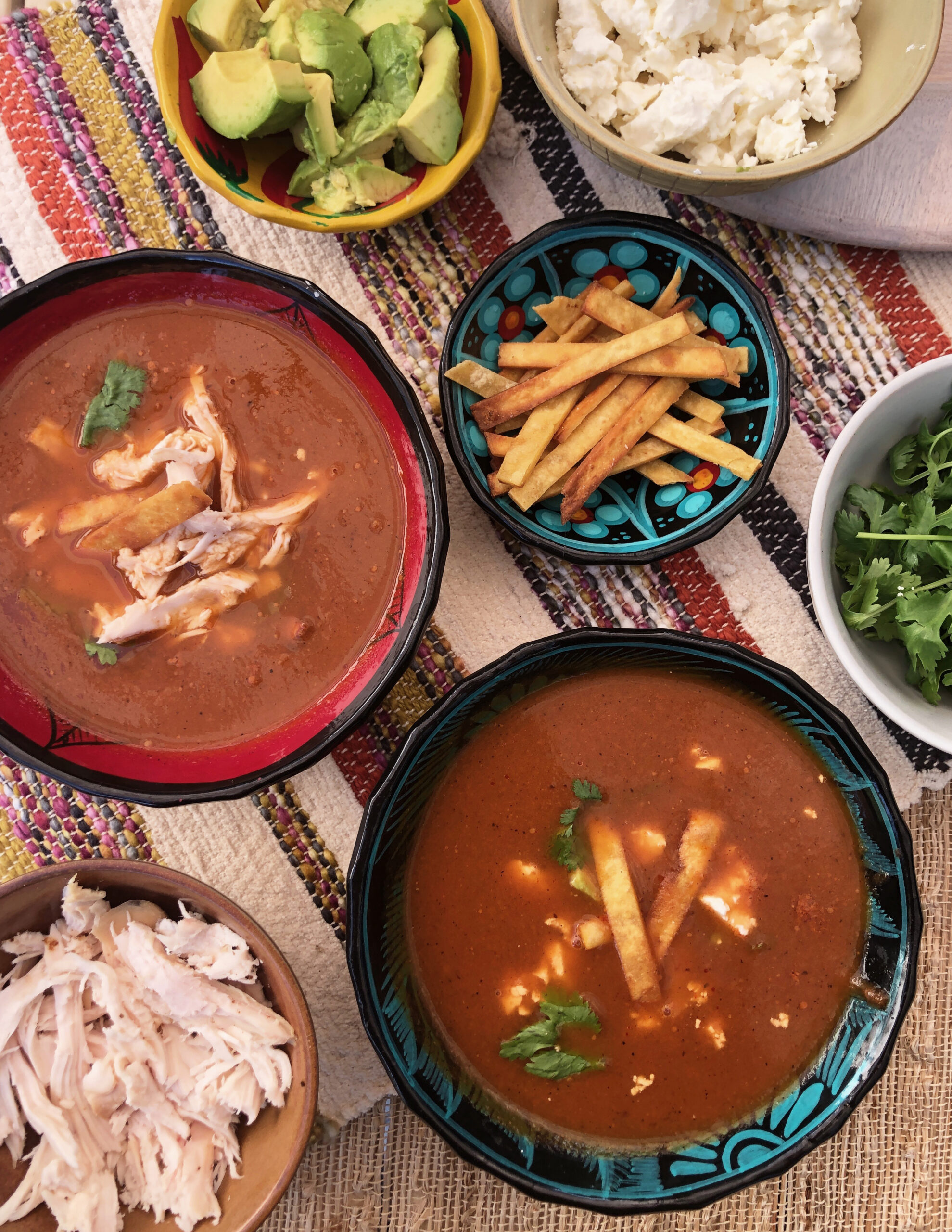 Vegan Tortilla Soup and all of the toppings – cilantro, feta cheese, chicken