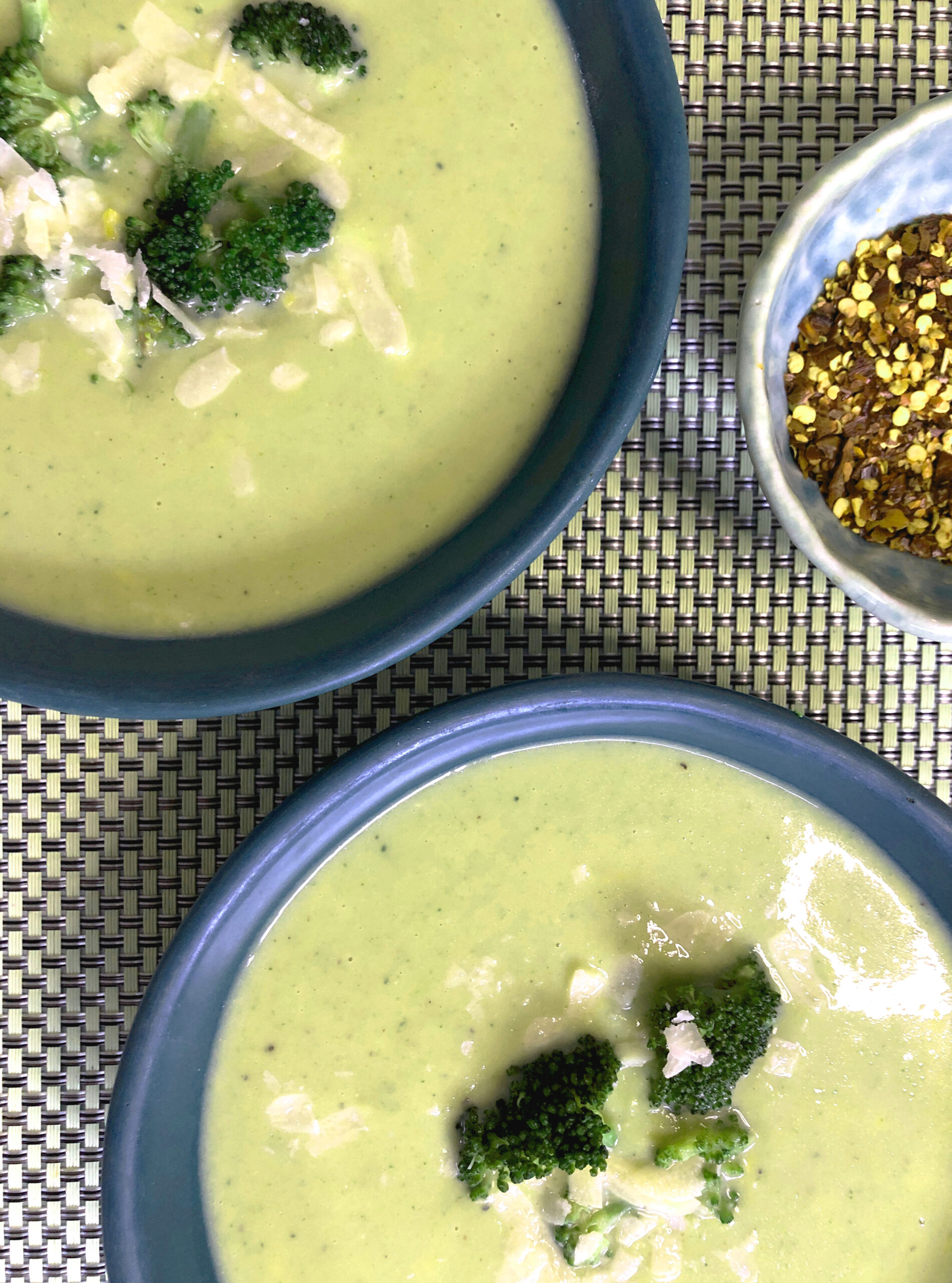 Broccoli Soup with 2 bowls of Cheddar and Parmesan